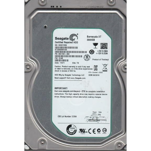 ST33000651AS, 9XK, TK, PN 9KC16V-300, FW CC45, Seagate 3TB SATA 3.5 Hard Drive