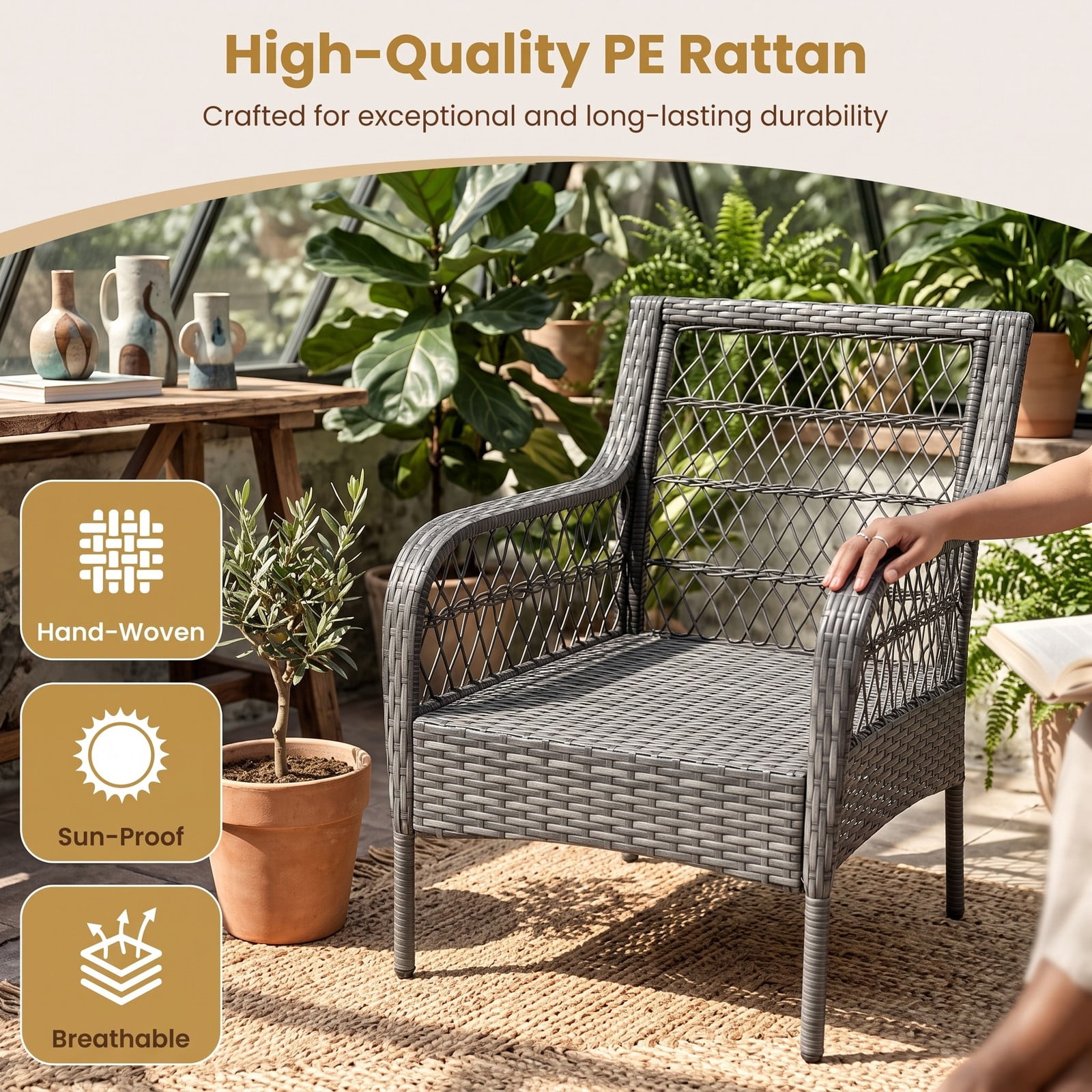 Furnibear 400 LBS Patio Rattan Rocker Chair, Outdoor Glider Rocking Chair with Anti-Tip Stoppers, Thick Seat & Lumbar Cushions, Ergonomic PE Wicker Porch Chair, Gray