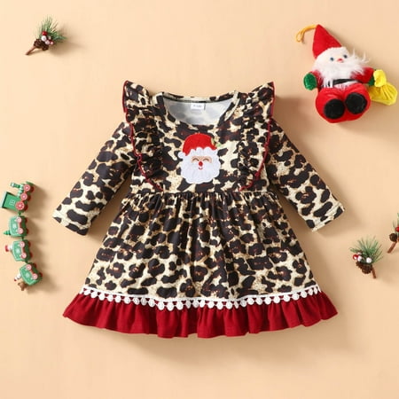 

KONBECA Toddler Girl Outfits Princess Dresses Baby Girls Christmas Santa Leopard Pattern Long Sleeve Casual Dress Cotton Dresses Brown (2-3 Years)