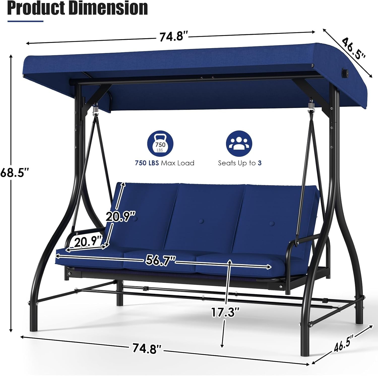 Pirecart 3 Person Patio Porch Swing Outdoor Converting Swing Glider Hammock with Adjustable Canopy, Cushions, Garden, Yard, Blue
