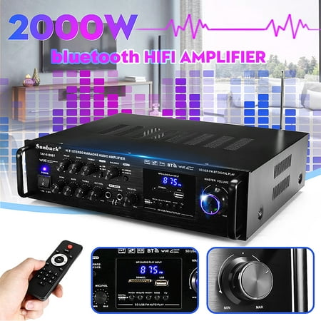 Sunbuck 2000W 110V 2CH AV High P ower Amplifier b luetooth 4.0 Digital Stereo Amp 12V Car Home Theater Karaoke Mixer Echo  FM/USB/2 MIC Support DVD/VCD/CD/MP3/