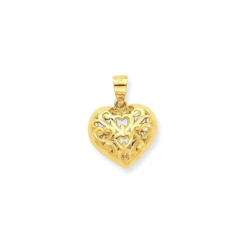 Puffed Heart Pendant Charm Diamond Cut Solid 10K Yellow White Gold Two Tone 