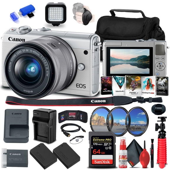 Canon EOS M100 Mirrorless Camera 24.2MP   15-45mm Lens Bundle 64GB Dual Battery Kit (International Model)