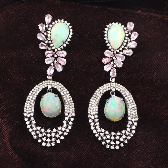 Natural Opal Tourmaline,Diamond Gemstone 925 Sterling Silver Earrings