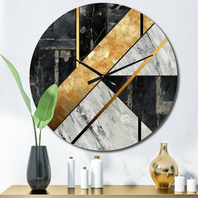 Designart "Marble Granite Agate with Gold Accents IX" Modern Geometric Oversized Wall Clock