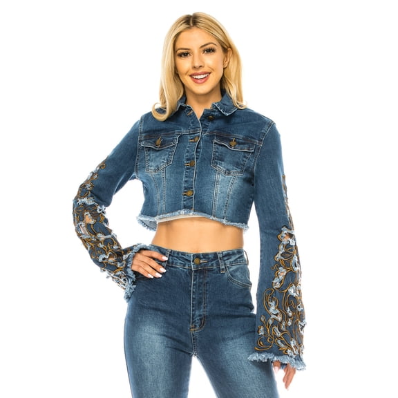 Denim Cropped Jacket Embroidered Bell Sleeve