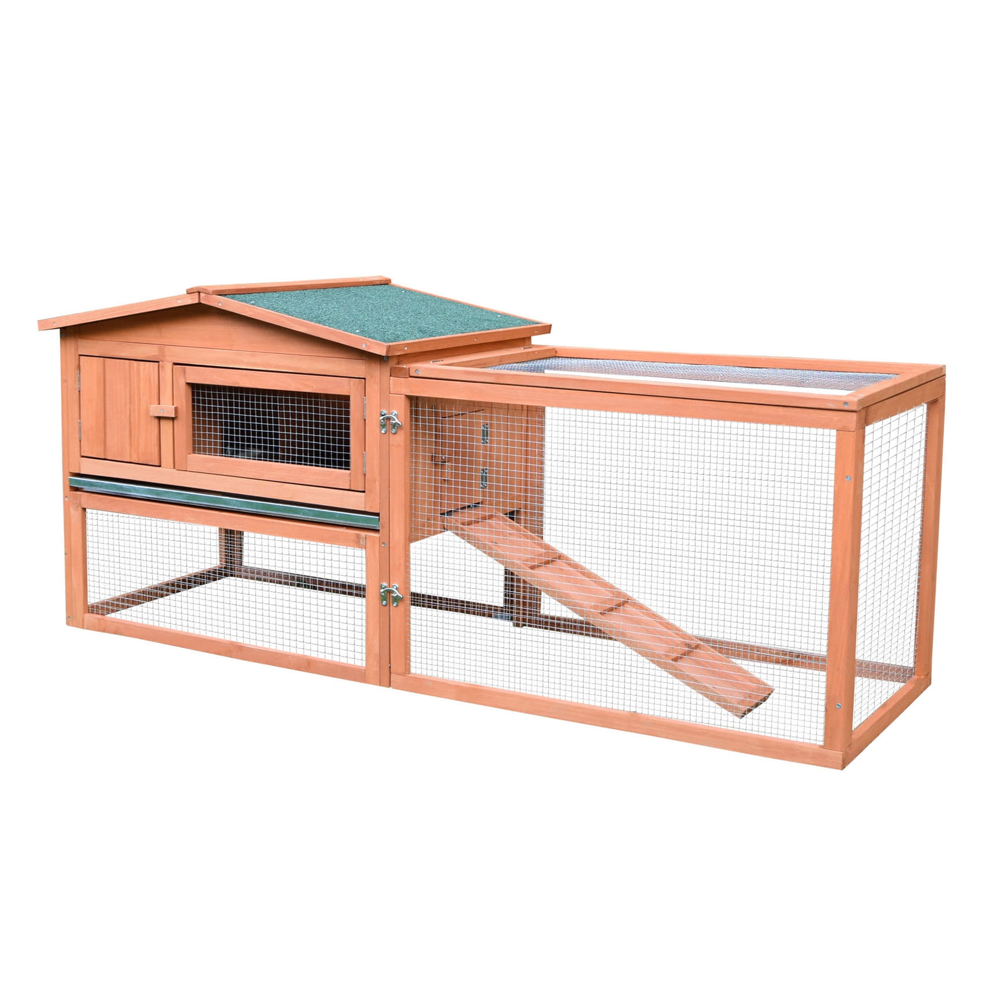 Rabbit Cage Outdoor 62", Wooden Rabbit Hutch, Small Animal Habitat with Run & Elevated House, Natural Wood