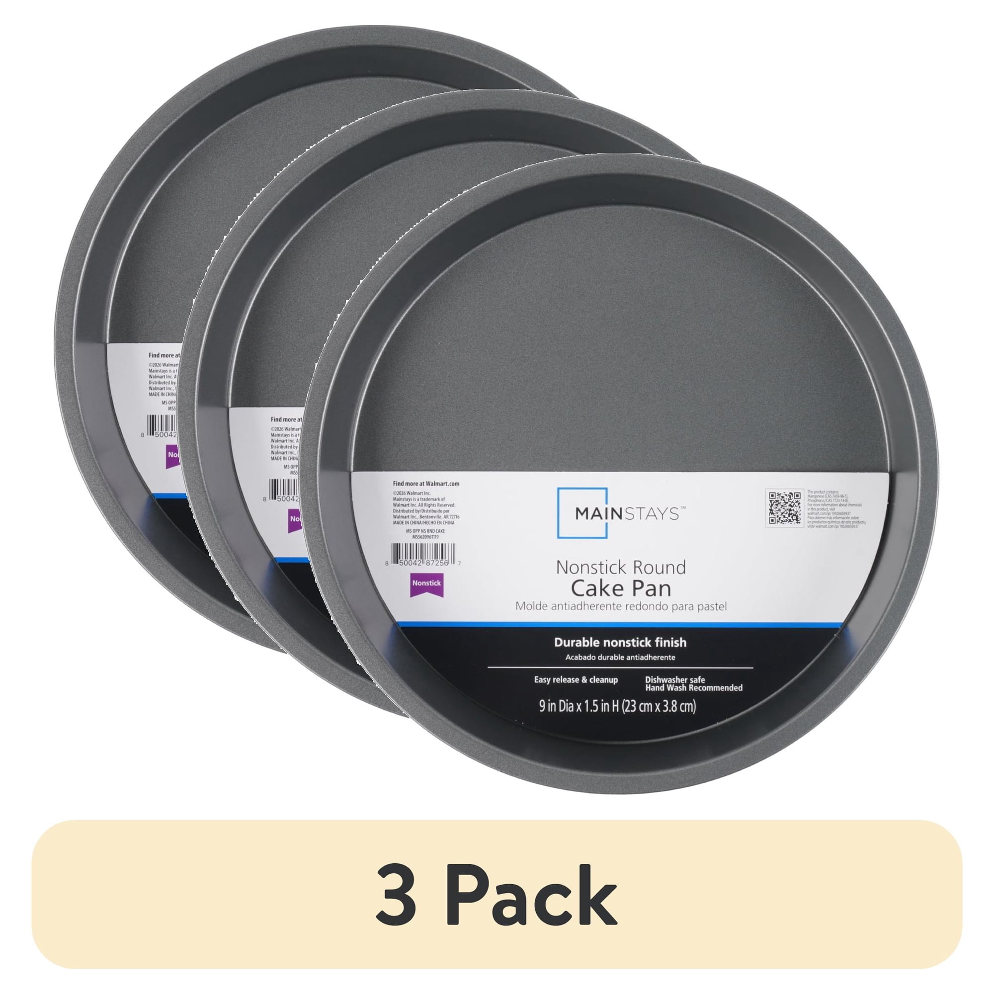 (3 pack) Mainstays 9" x 9" Round Nonstick Steel Cake Pan, Dark Gray