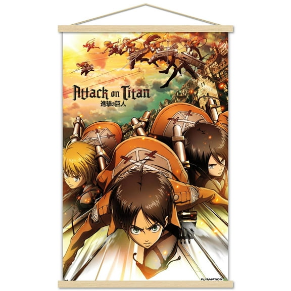 Attack on Titan - Attack Wall Poster with Wooden Magnetic Frame, 22.375" x 34"