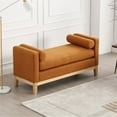 thumbnail image 3 of Triple Tree Boucle Fabric Bed Bench with Wood Legs, Bolster Pillows, and Rolled Arm, Caramel, 3 of 6