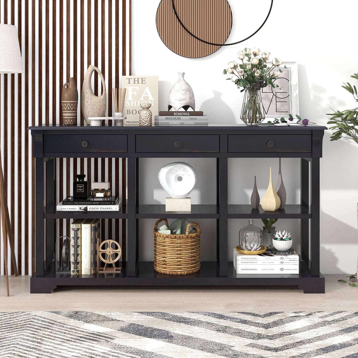 Kadyn Retro Console Table, Solid Wood Sofa Table with Open Shelves and Drawers, Modern Sideboard Console Table for Living Room, Espresso Kadyn Retro Console Table, Solid Wood Sofa Table with Open Shelves and Drawers, Modern Sideboard Console Table for Living Room, Espresso