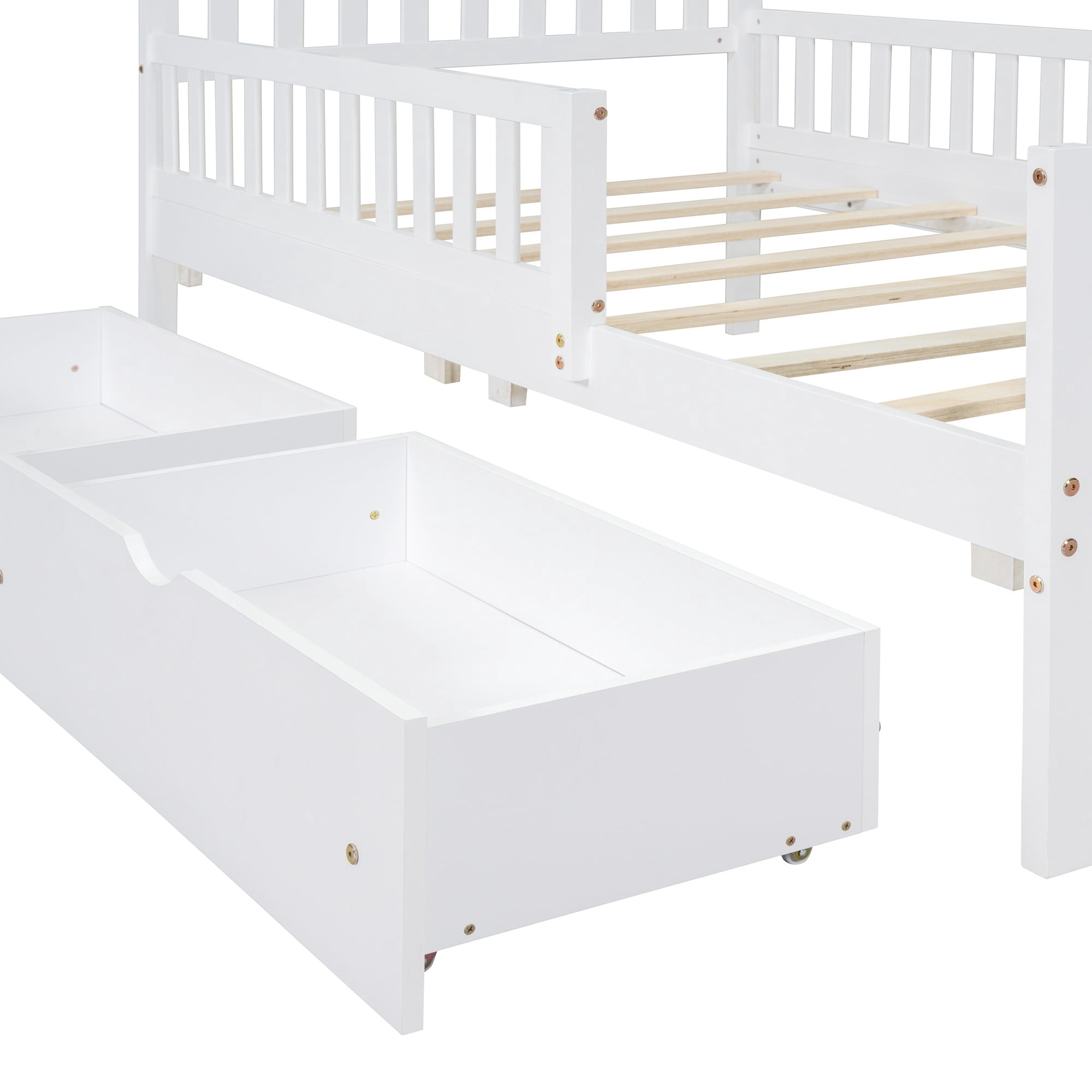Aukfa Twin Platform Bed with Storage Drawers and Safe Rails, Wood Bed Frame, White