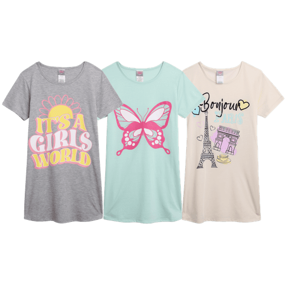 Angel Face Girls Nightgowns - 3 Pack Short Sleeve Girls Pajamas Shirts Night Dress Set (Sizes 8-14)