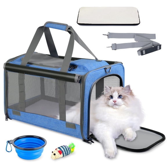 Qoosea Cat Carrier Foldable for Cat Small Dogs, Durable Oxford Fabric Ventilated Mesh, Pets Bag with Soft Pad Adjustable Shoulder Strap Collapsible Bowl Mouse Toy