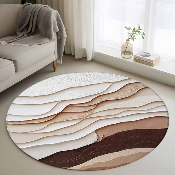 Abstract Wave Texture 3FT Round Area Rugs for Living Room 111 Vintage Earth Color Gradient Ultra-Thin Non-Slip Round Rugs Machine Washable Low Pile Circle Carpet for Bedroom Kitchen Nursery