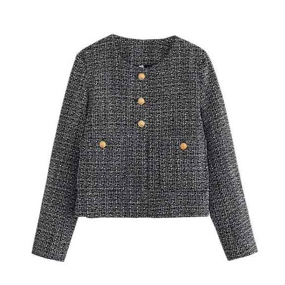 HTNBO Crop Tweed Blazer Jacket for Women Collarless Open Front Button Business Work Casual Cropped Jacket Coat