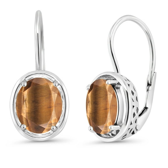 Gem Stone King 925 Sterling Silver Brown Tiger Eye Earrings for Women (3.00 Cttw, Oval 9X7MM)