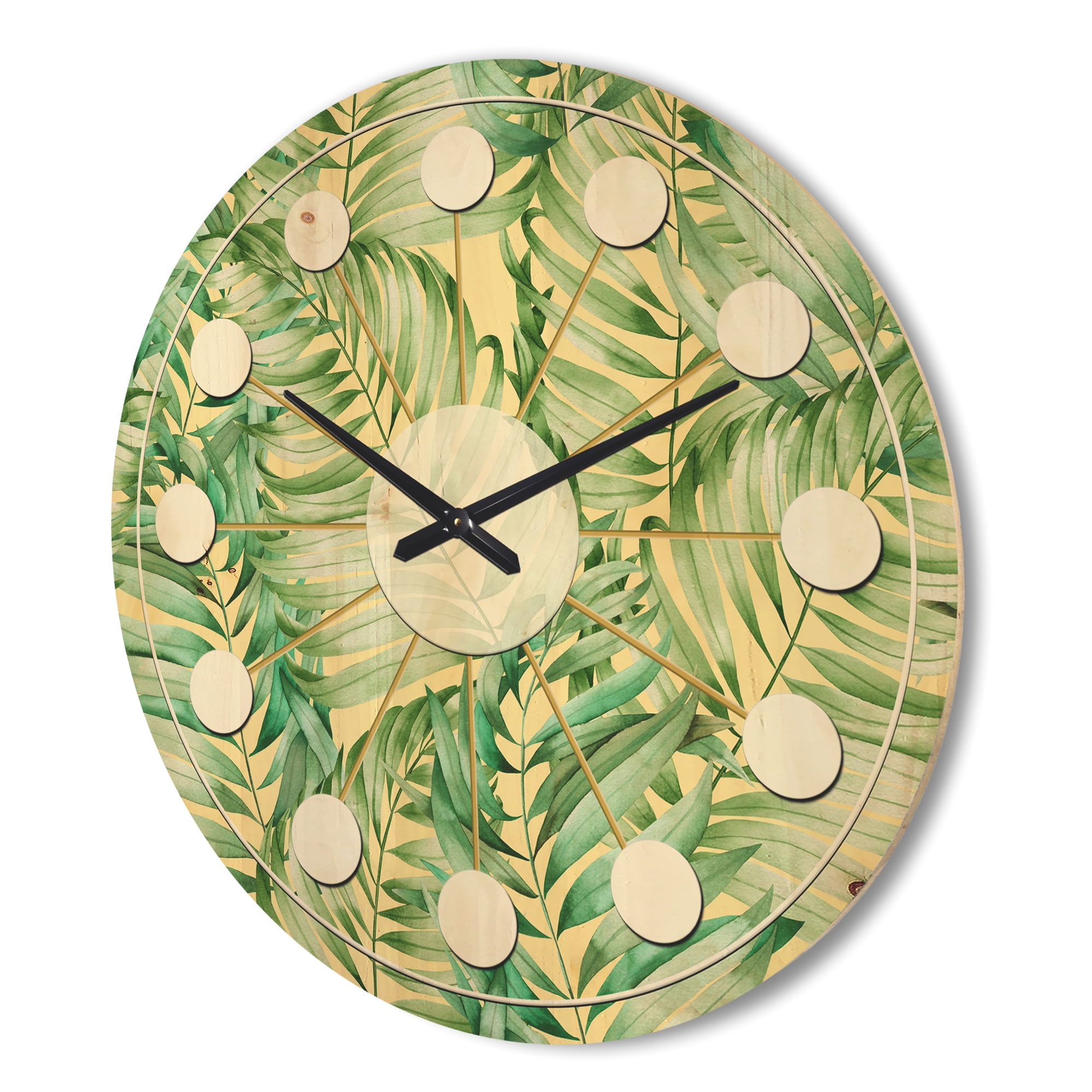 Designart 'Retro Tropical Foliage I' Mid-Century Modern Wood Wall Clock