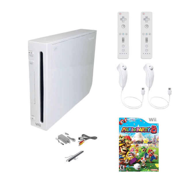 Nintendo Wii Console White Premium Bundle (Refurbished) – Includes Mario Party 8 Game, 2 Remotes & 2 Nunchuks