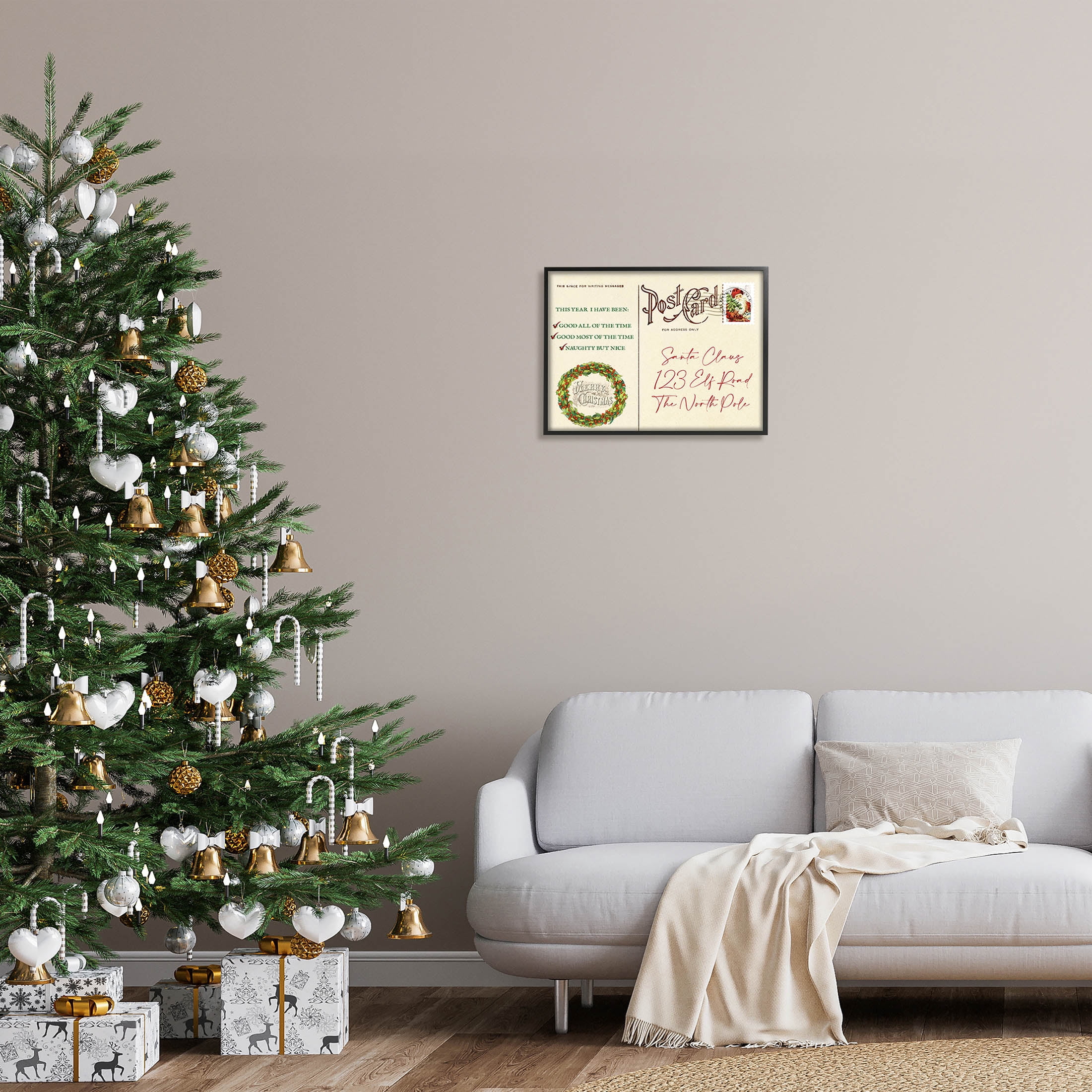 Stupell Industries Merry Christmas Vintage Postcard Graphic Art Black Framed Art Print Wall Art, Design by Lil' Rue