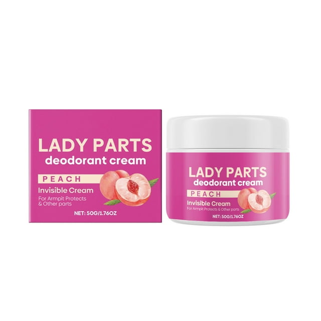 crema hidratante refrescante crema para axilas hidrata suavemente reduce la irritación calma la piel previene la sequedad y la aspereza es conveniente y cómoda imprescindible crema facial de 50g — Vista frontal centrada de tarro blanco de 50 g con tapa y su caja rosa marca Mychoice (etiqueta "Lady Parts deodorant cream Peach" con ilustración de durazno); se aprecia el formato compacto y la presentación para cuidado de axilas sensibles.