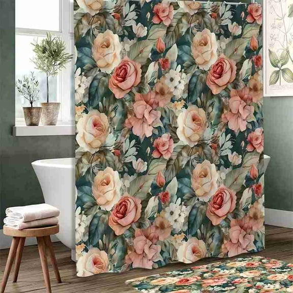 70x70 inch Dark Teal and Peach Watercolor Floral Rose Shower Curtain, Waterproof Polyester Fabric with Hooks for Bathroom Decor