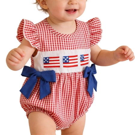 Curuila Newborn Baby Girls Romper With Bow Independence Day Embroidered Crew Neck Flutter Sleeve Fashion Casual Jumpsuit Red Size 6-12 Months