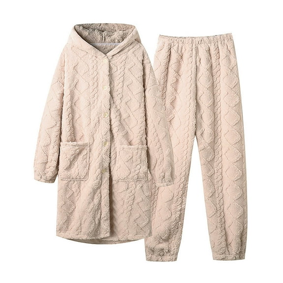 Elainilye Fashion Pajama Set For Women Flannel Pajamas Set Long Sleepwear Pocket Hooded Homewear PJ Sets,Beige