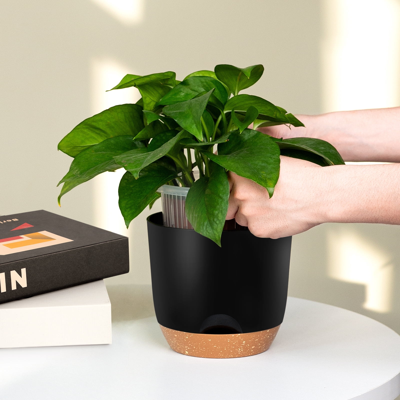QCQHDU 5.8 Inch Self Watering Planters for Indoor Plants with Bottom Watering,2Pack Flower Plant Pots for Outdoor with Drainage, Durable Plastic planters Pots(Black)