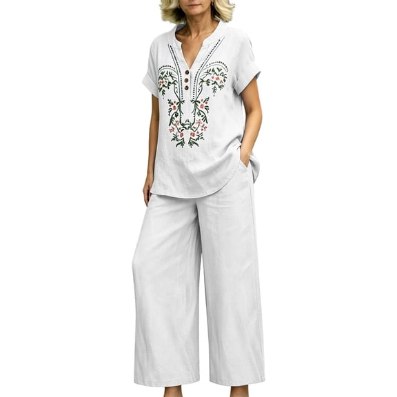 2 Piece Sets for Women Short Sleeve Cotton Linen Embroidered Shirts Wide Leg Capri Pants with Pockets Matching Sets