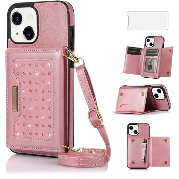 Phone Case for iPhone 13 6.1 inch Wallet Cover with Tempered Glass Screen Protector and Card Holder Slot Stand Leather Bling Glitter Cell iPhone13 5G i i-Phone i13 iPhone13case Women Rose Gold