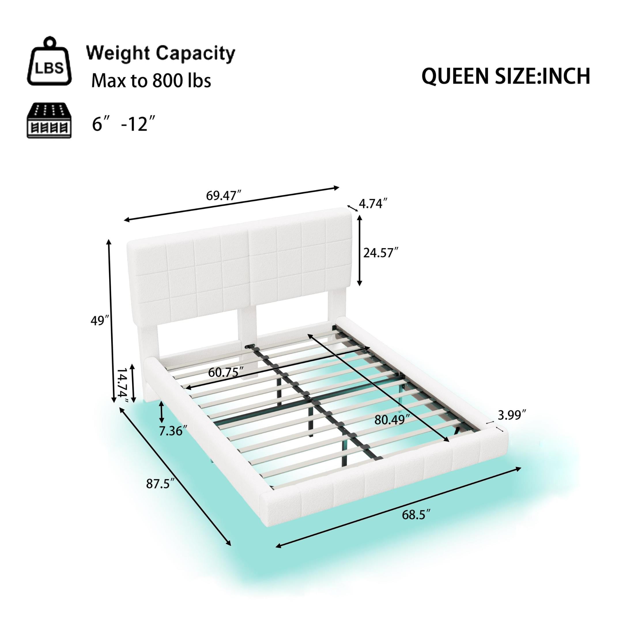 Christopher Knight Home Queen Size Wood Floating Bed Frame with LED Light & Headboard, White Boucle Upholstery