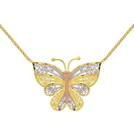 Yellow, White and Pink 18kt Gold-Plated Butterfly Pendant, 17