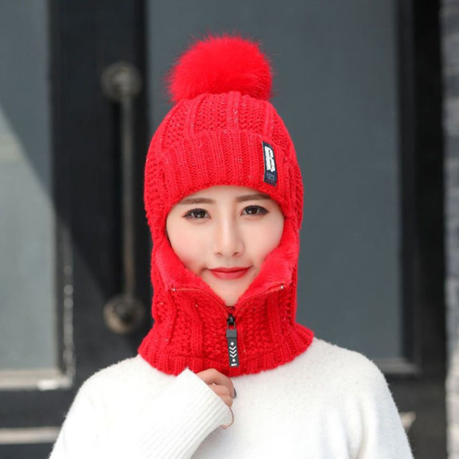 Tanhomme Fleece Ski Covers Winter Face-Cover Windproof Hooded Scarf Cold Weather Hat Neck Warmer Womens Earmuffs Adding Flocking Thermal Cycling Warm Winter Hat Knitting Scarf Hat