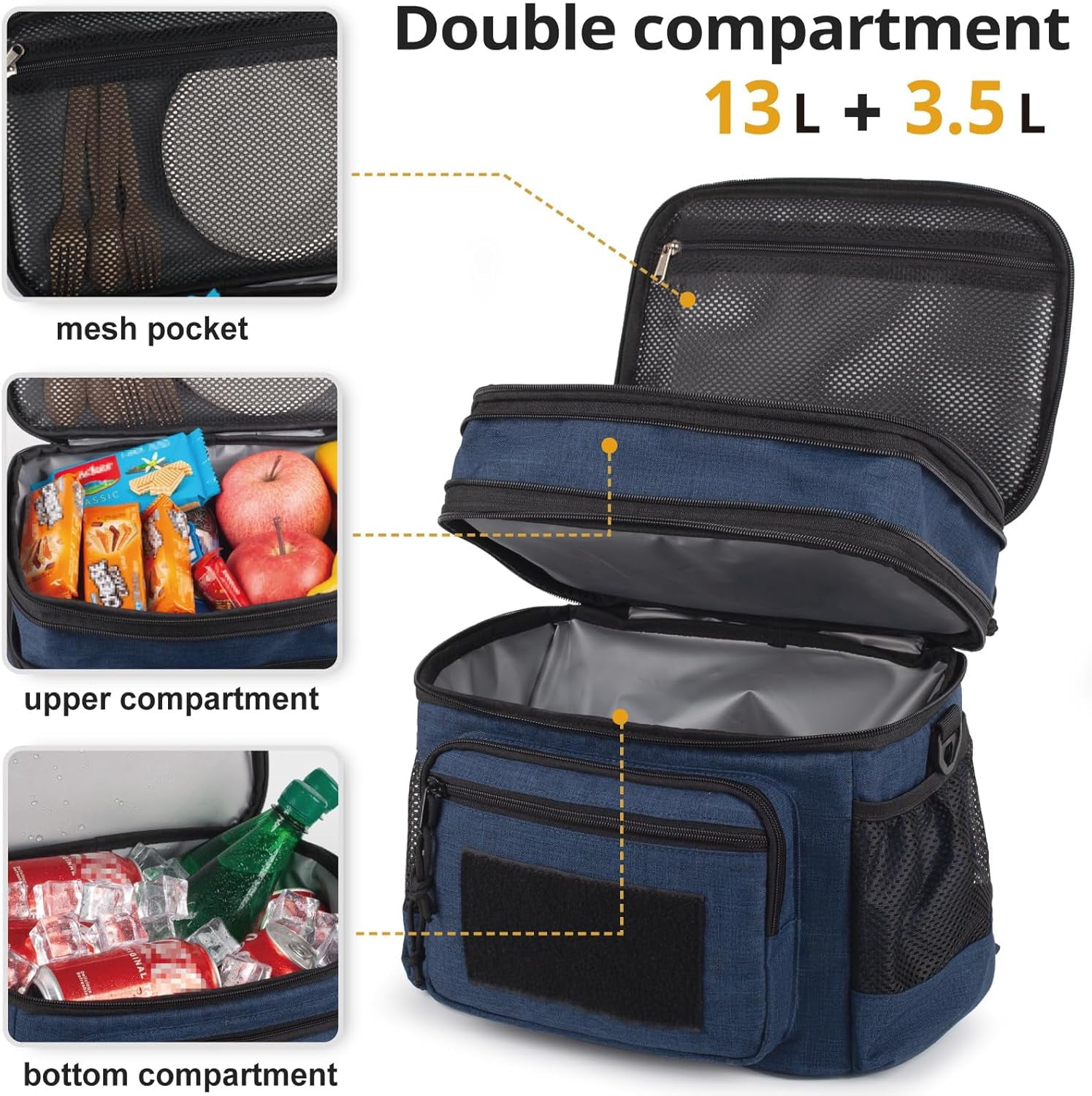 ATRIPACK Double Deck Lunch Box for Men, Lunch Cooler Bag Work with Shoulder Strap Webbing Large Capacity Leakproof Insulated(19.5 Blue)