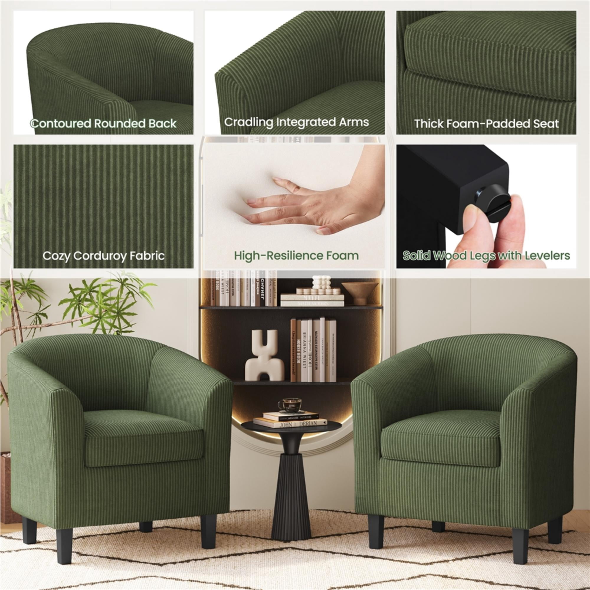 Renwick Upholstered Corduroy Fabric Accent Arm Chair for Living Room, Set of 2, Dark Green