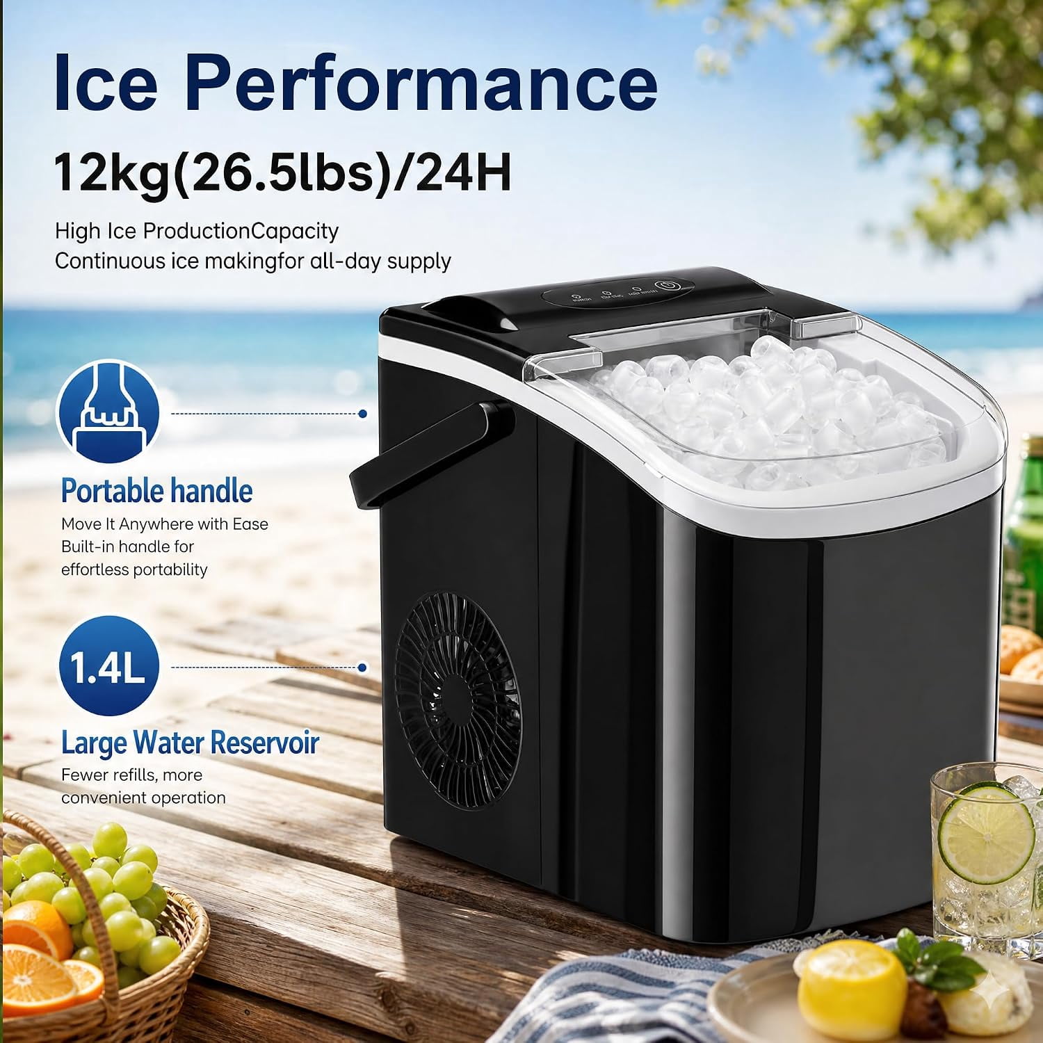 Countertop Portable Bullet Ice Maker Machine, 26lbs Daily Output, 6 Mins Fast Ice Production, One Touch Operation Auto Self Clean for Home Office RV Dorm Bar