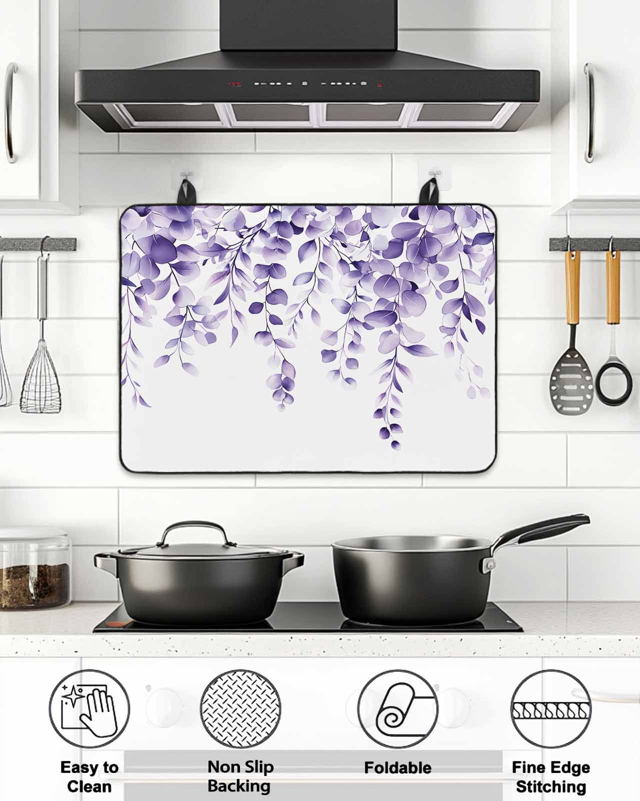 Stove Top Covers for Electric Stove, Purple Eucalyptus Glass Stovetop Cover Protector, Botanical Plant Rustic Branch Floral Induction Cooktop Protector Oven Mat for Kitchen Countertop 36"x21"