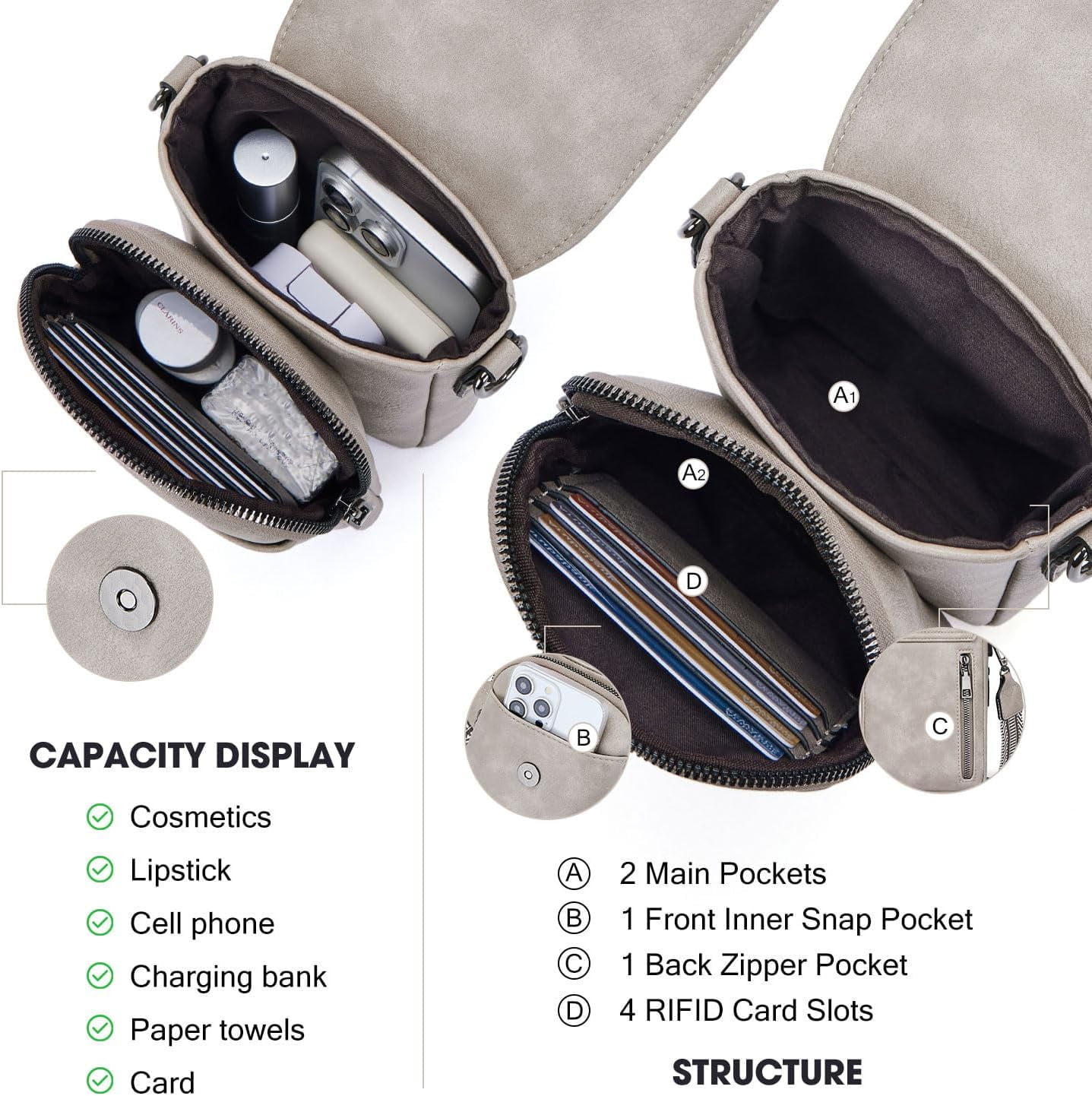 Kwuty Small Crossbody Bags for Women Trendy,Leather Triple Compartment Cell Phone Crossbody Wallet Purses with Card Slots（Cream Gray）