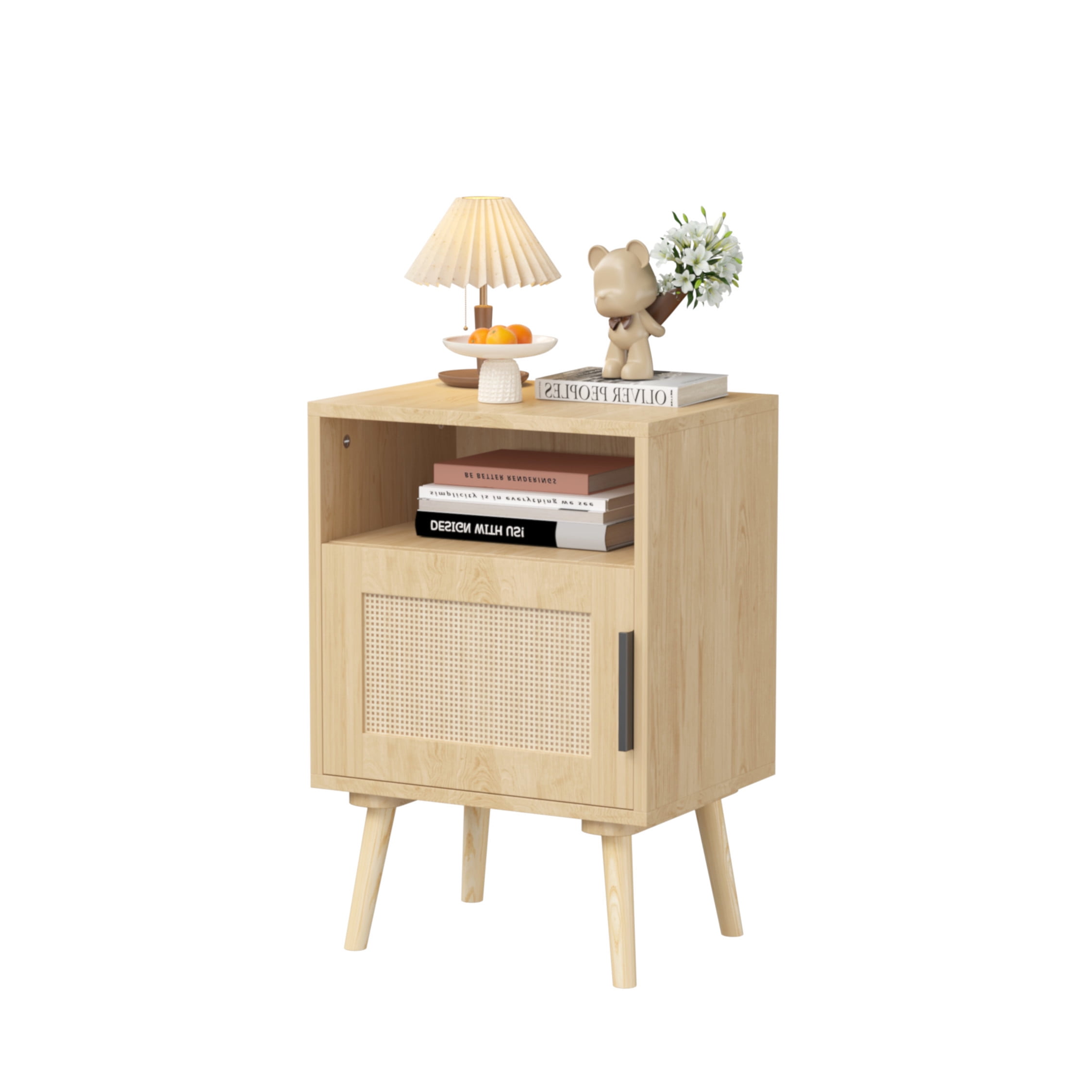 Noble House Samantha 22.8" Rattan Nightstand, Wood Accent Bedside Table with Door and Open Shelf, Oak