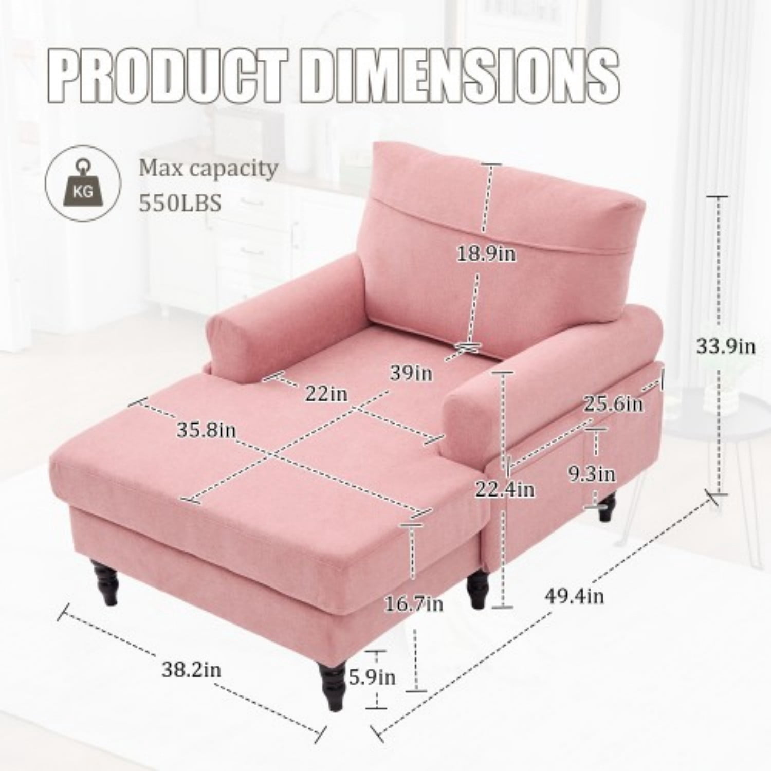 Chenille Chaise Lounge Chair, Oversized Upholstered Recliner Sofa with Wide Seat, High Density Foam Backrest, Solid Wood Legs & Side Pockets for Living Room, Bedroom, Office, Pink