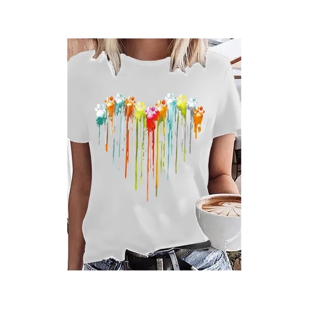 Women's Plus Size Casual T-Shirt with Heart Print - Crew Neck, Short Sleeve, Stretchy , Machine Washable