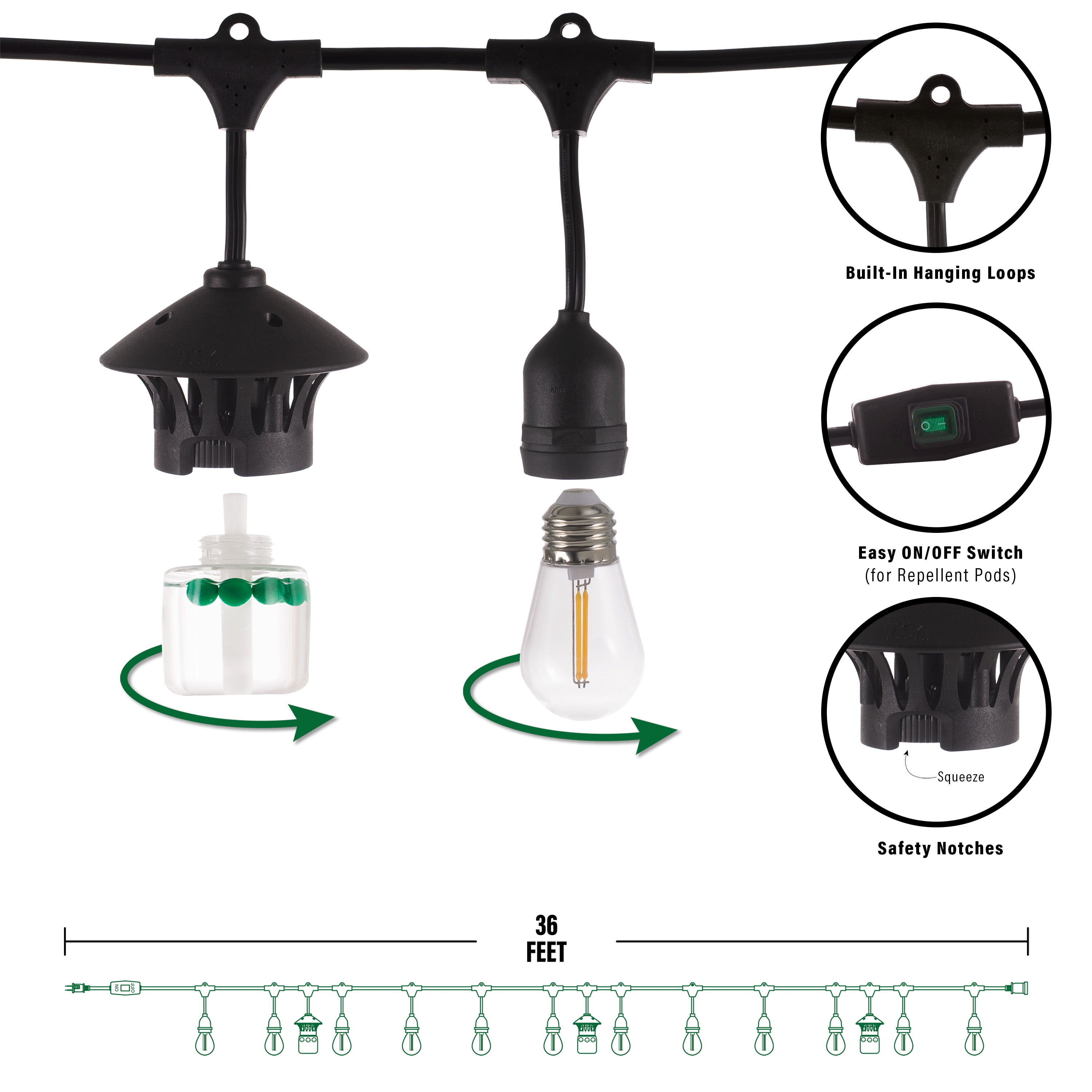 TIKI BiteFighter 36-Ft Outdoor LED Mosquito Repellent String Lights – Weatherproof Patio Lights with 3 Replaceable Repellent Pods