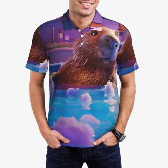 Vsdgher Capybara Bathtub Fun Polo Shirts for Men, Men's Short Sleeve Stretch Polo Shirt, Shirts for Men-Small