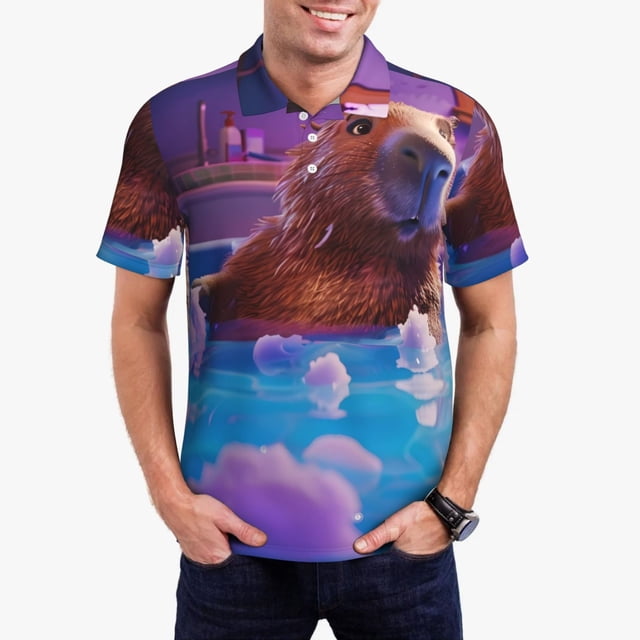 Bingfone Capybara Bathtub Fun for Men's Button-down POLO Shirts, Quick-drying Shirts and T-shirts for Summer, Suitable for Vacation and Business-Large