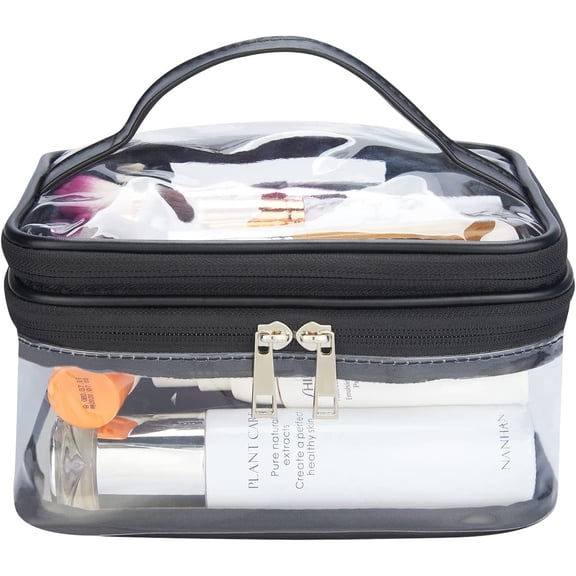 Double Layer Clear Cosmetic Bag Makeup Bag, Waterproof Travel Toiletry Bag, Transparent PVC Hair & Nail Accessories Pouch Beach Bag Organizer (Black)