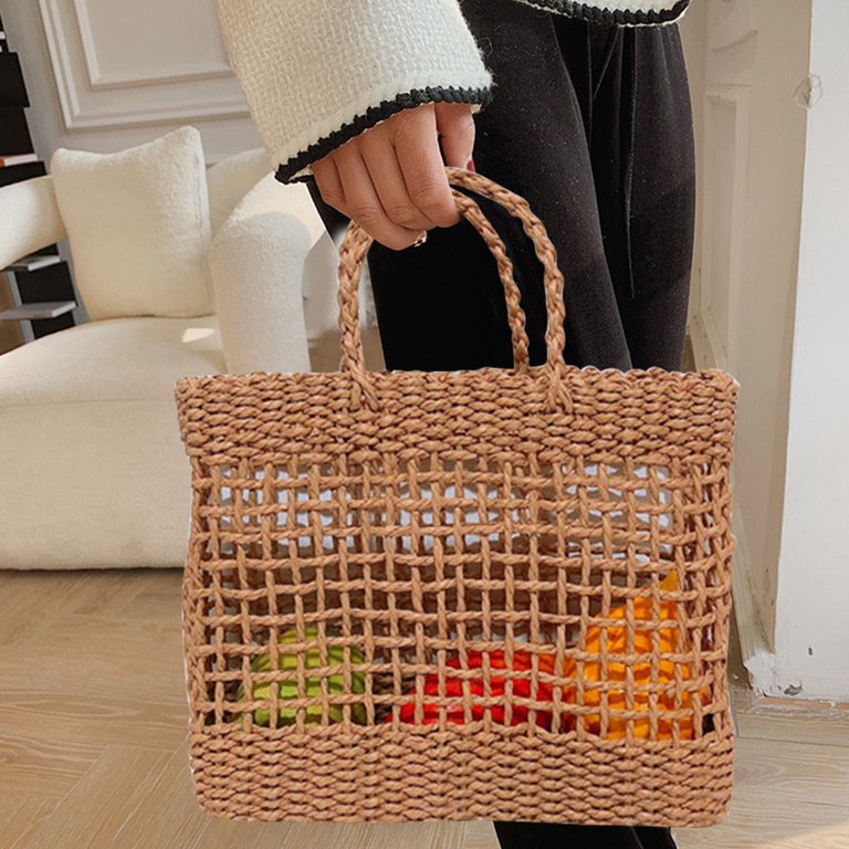 Brown Woven Leather Tote Bag Hollow-out Basket Handbags