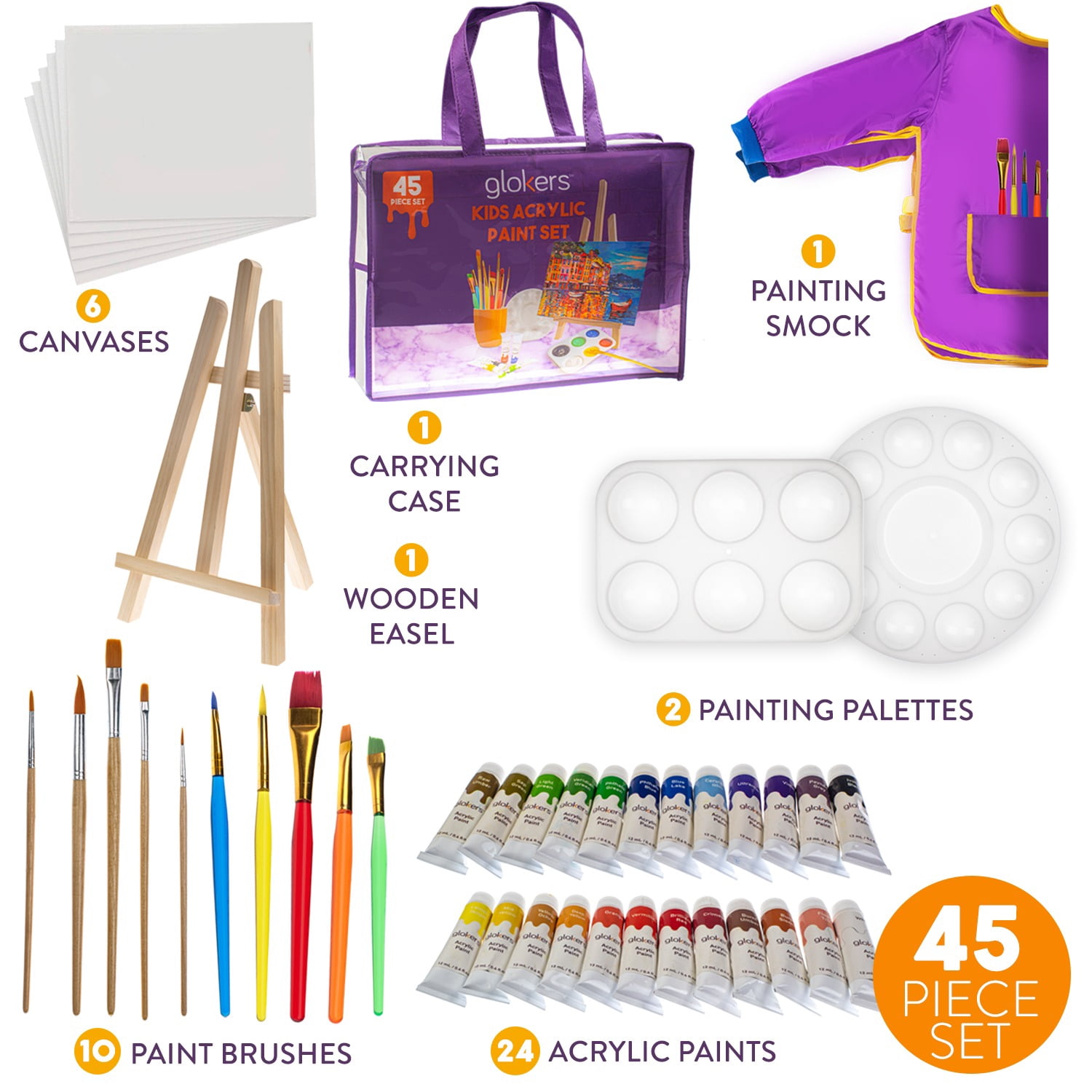 glokers Kids Painting Supplies Set - Arts Set with Acrylic Paints, Easel, Paintbrushes, Canvases, Palettes, Smock & Travel Storage Bag - Premium Children's Arts & Crafts Supplies