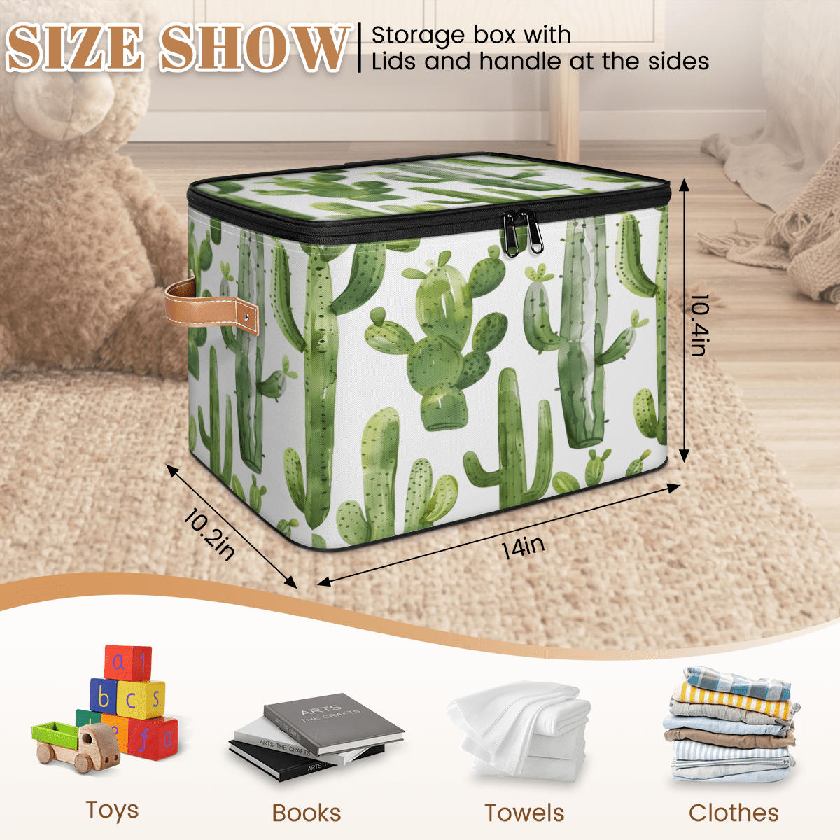 CURLYOOT Green Cactus Fabric Storage Bins with Lids, Cute Cactus Foldable Storage Boxes Washable Storage Cube, Closet Bedroom Home Organizer Containers with PU Leather Handles