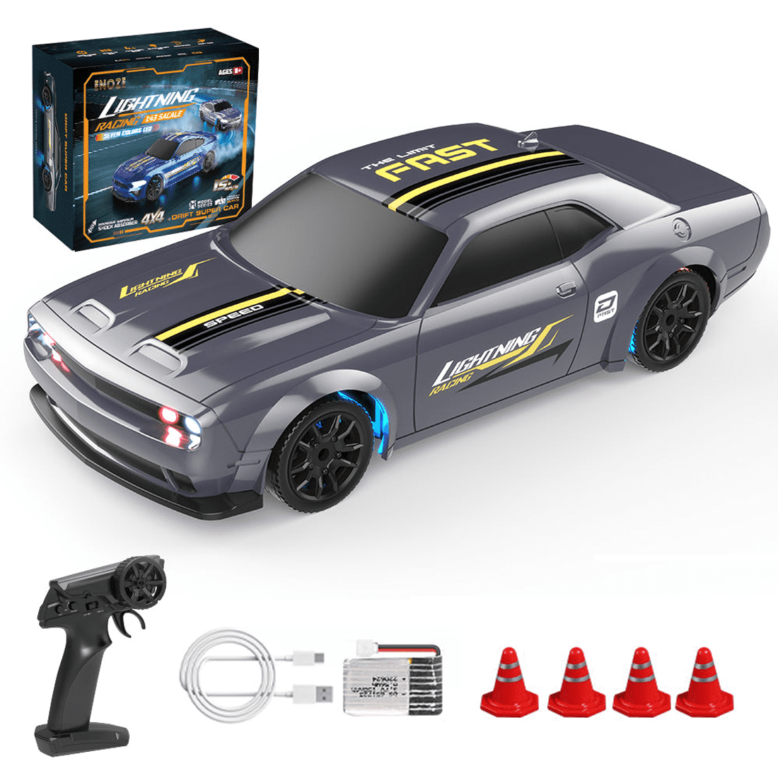 1/43 Mini RC Drift Racing Car, 2.4GHz Full-Proportional 4WD Electric Drift Toy with LED Lights, 15 KM/H Speed, USB Charging – Indoor Desk Racing Fun for Teens & Adults -RTR Version/4 Set